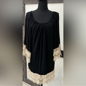 Chic Black Women's Blouse with Cream Lace Trim